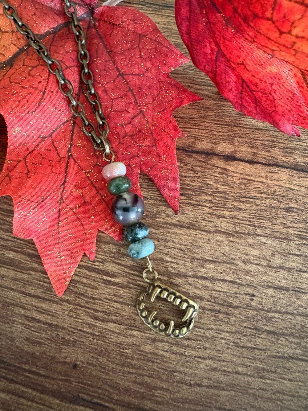 Brass Bronze Vampire Fangs Charm and Jasper and Agate Gemstone Pendant Necklace